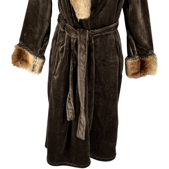 Adrienne Landau Womens L Faux Fox Fur Trim Robe Belted Cozy Plush Quiet Luxury - Picture 6 of 13
